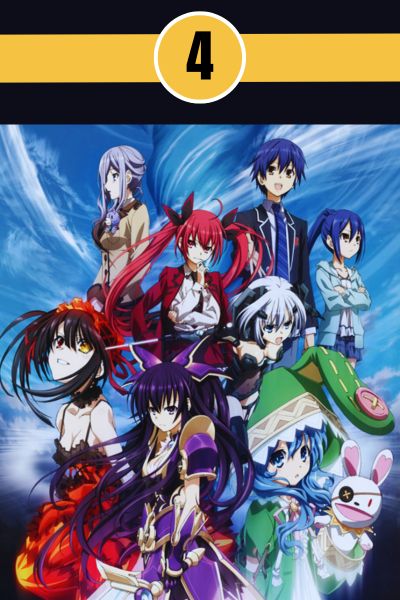 date-a-live-harem-anime-list-24kanimenetwork.jpg Date A Live anime visual featuring Shido Itsuka and the Spirits in fantasy battle and romantic scenes.