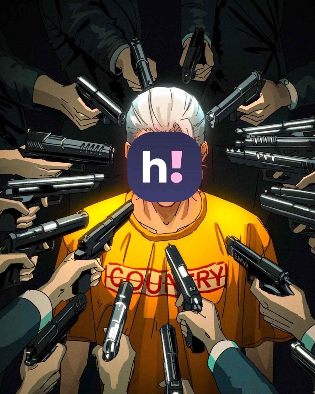 Edited illustration with HiAnime logo surrounded by guns, symbolizing the U.S. government crackdown on the piracy site in 2025. Used for reporting purposes.