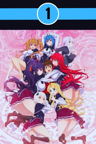 high-school-dxd-harem-anime-24kanimenetwork.jpg High School DxD anime poster showing Issei Hyoudou surrounded by devil girls from the Occult Research Club.