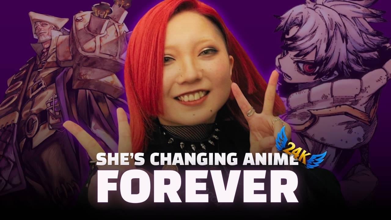 Kei Urana, creator of Gachiakuta, smiling with peace sign beside her manga characters, symbolizing her influence on modern anime art.