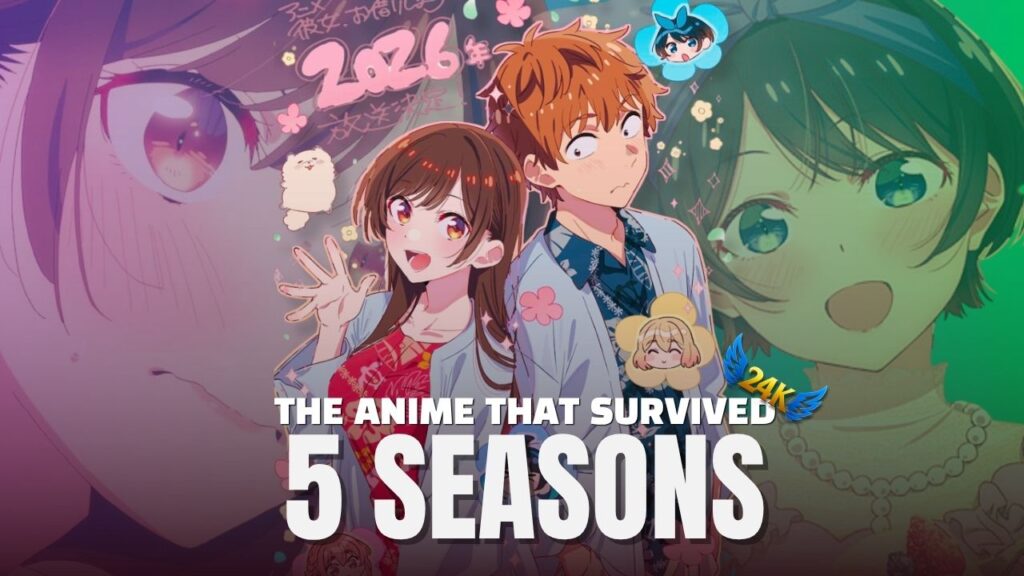 Rent-A-Girlfriend Season 5 official visual featuring Kazuya and Chizuru with 2026 release announcement. Thumbnail text reads “The Anime That Survived 5 Seasons,” highlighting the long-running rom-com’s return.