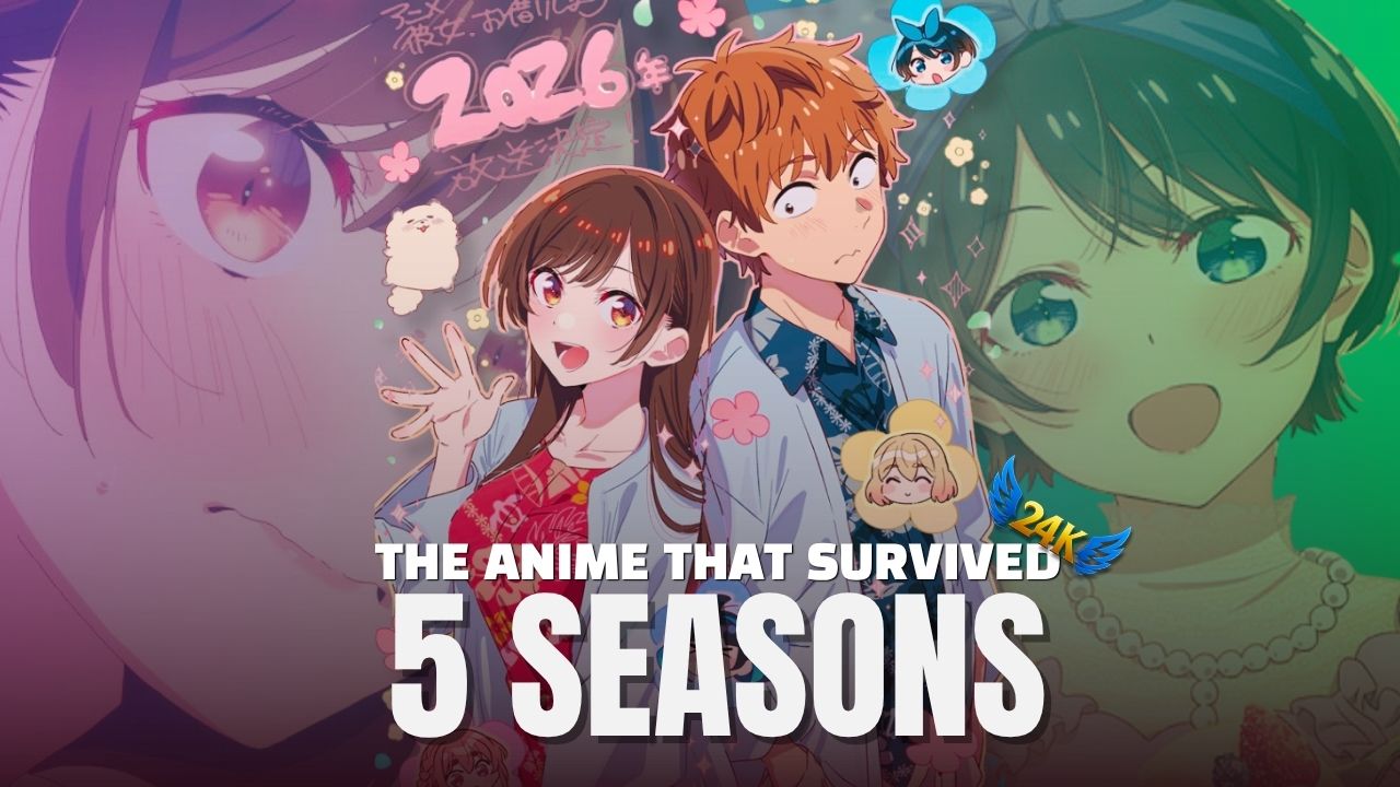 Rent-A-Girlfriend Season 5 key visual featuring Kazuya and Chizuru, 2026 release announcement with 24K Anime Network thumbnail design.