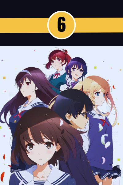saekano-how-to-raise-a-boring-girlfriend-harem-anime-24kanimenetwork.jpg Saekano anime art showing Tomoya Aki with Megumi, Eriri, and Utaha working on their dating sim project.