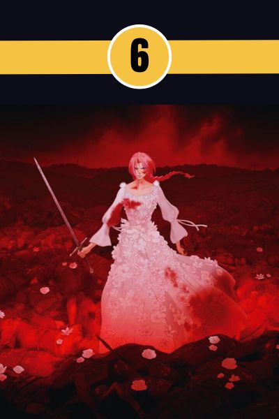 scarlet-anime-film-2025-revenge.jpg Scarlet 2025 anime film key visual showing a princess in a blood-stained white dress holding a sword over a battlefield