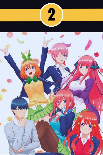 the-quintessential-quintuplets-top-harem-anime-24kanimenetwork.jpg The Quintessential Quintuplets anime key visual featuring Futaro and the five Nakano sisters in a romantic comedy scene.