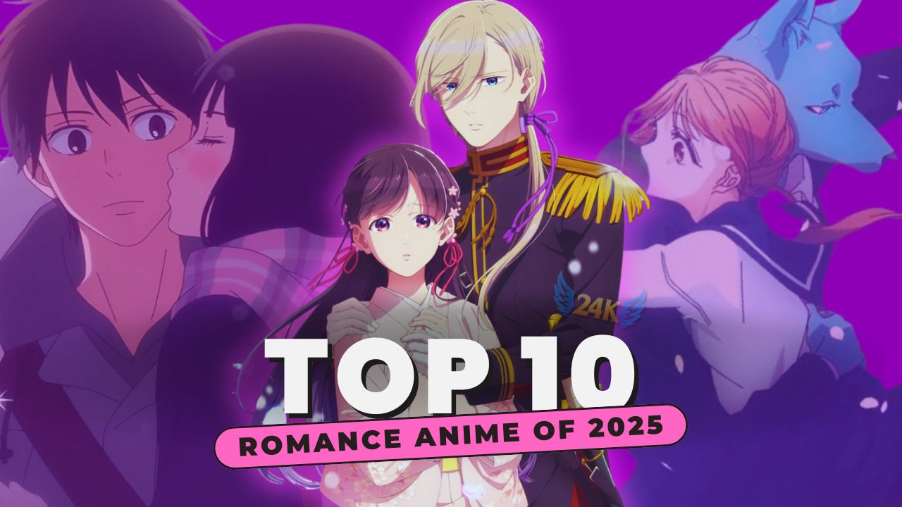 Top 10 Romance Anime of 2025 — collage featuring popular 2025 romance anime characters on a purple background