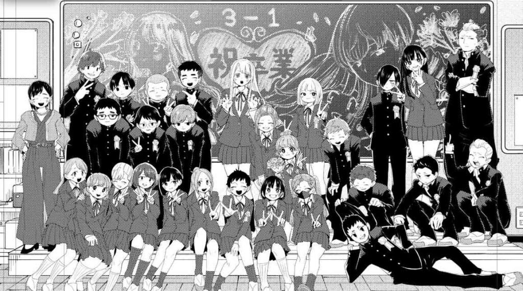 Black-and-white graduation group illustration featuring Kyotaro Ichikawa, Anna Yamada and their classmates from The Dangers in My Heart final chapter.